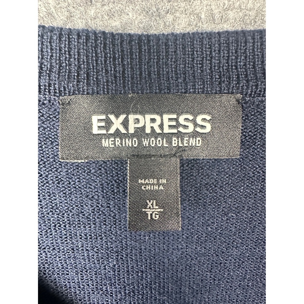 Express V-Neck Sweater Mens XL Navy Blue Merino Wool Blend Pullover Classic - Picture 3 of 7